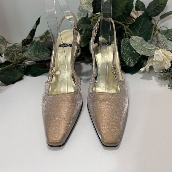 NWOT Stuart Weitzman Heels Women's Size 8.5 Gold Slingback Shimmery Ankle Strap - Picture 8 of 14